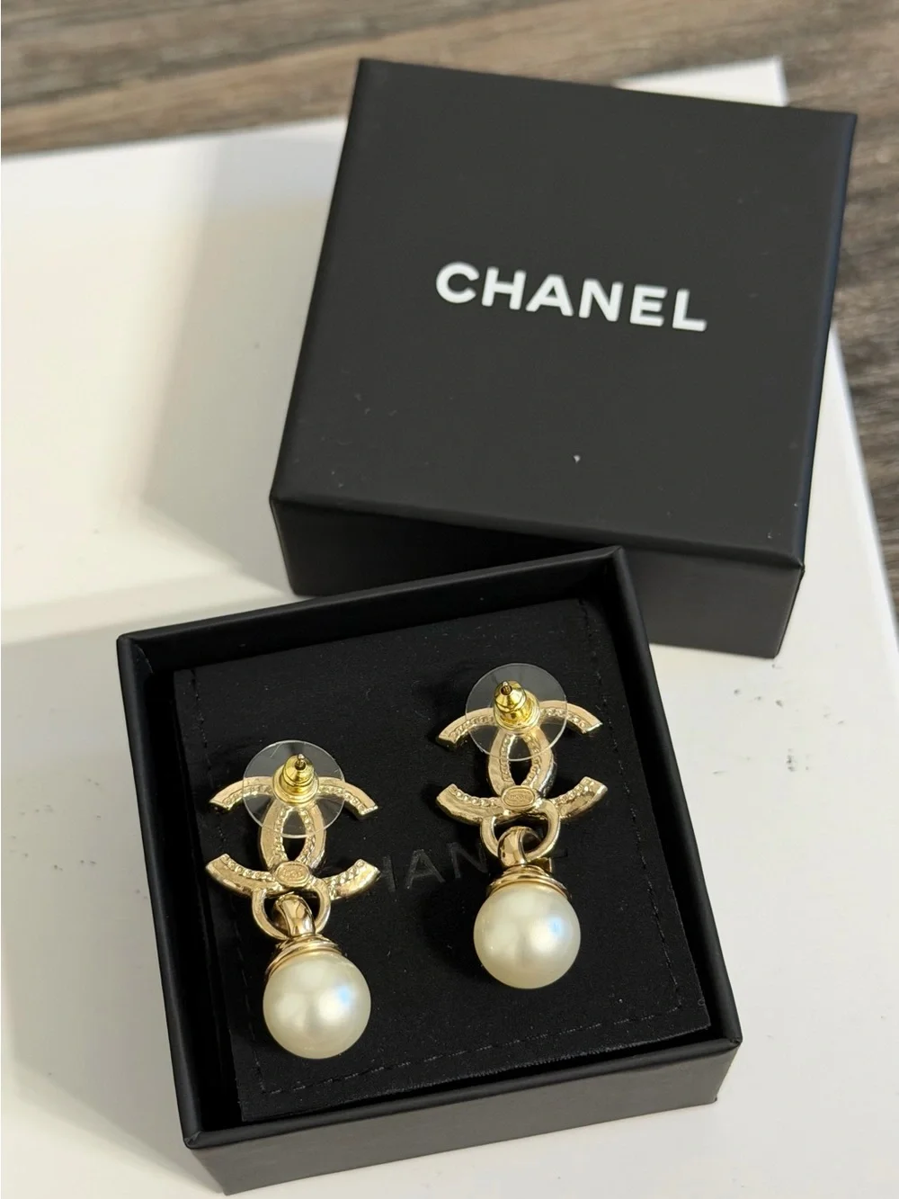 CHANEL Gold Crystal CC Pearl Drop Earrings